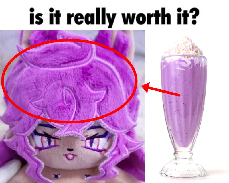 a grimmace shake connecting a red pointing arrow to a circle located to the purple plushie's hair. text reads "is it really worth it?".