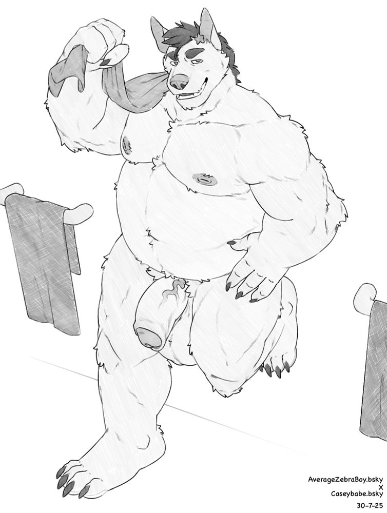 large and in charge bat dog man leans against a wall holding some fabric. basically showing off his soft, but built musclegut body and fat limp dick at the NSFW Pool while you stare. 