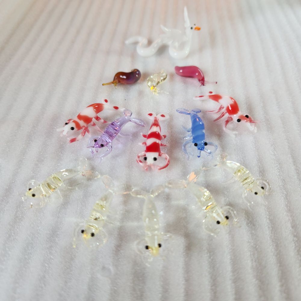 Borosilicate glass animals from top to bottom:
Snuck
Three slugs
5 shrimp of varying colors
5 shrimp in light yellow