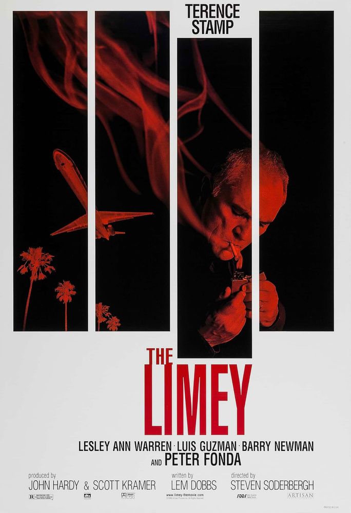 It’s a poster for the Limey. It’s a single frame broken into 4 black vertical rectangular panels against a white background.

The scene that’s depicted against the black is entirely in red. Terence stamp has his head down, smoking a cigarette, smoke winding its way up and behind him. A plane flies overhead and palm trees are in the lower left