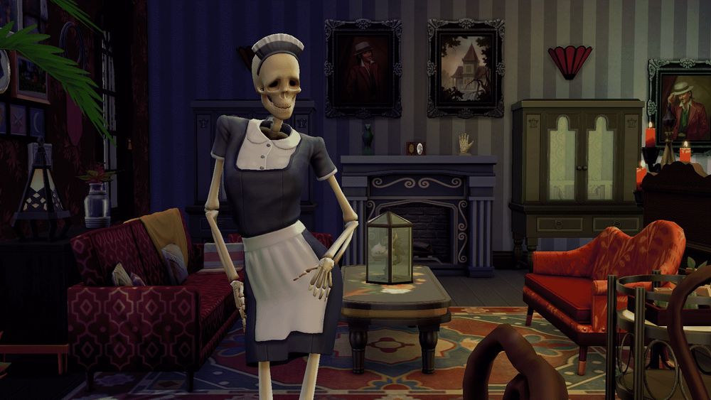 Bonehilda from The Sims 4. A skeleton wearing a maid outfit, posing with one hand on her hip.