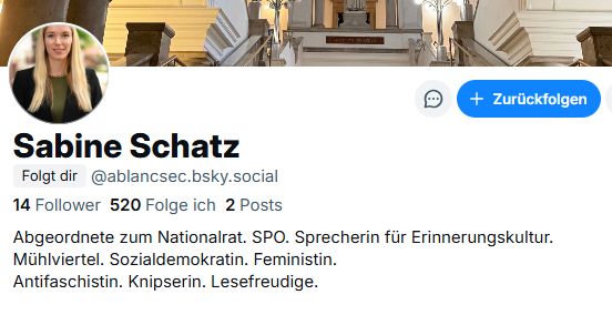 Screenshot eines Profils, das sich "Sabine Schatz" (ablancsec.bsky.social) nennt - Bio und Hintergrundbild würden zu der Nationalratsabgeordneten Sabine Schatz passen, aber weder Handle noch Profilbild