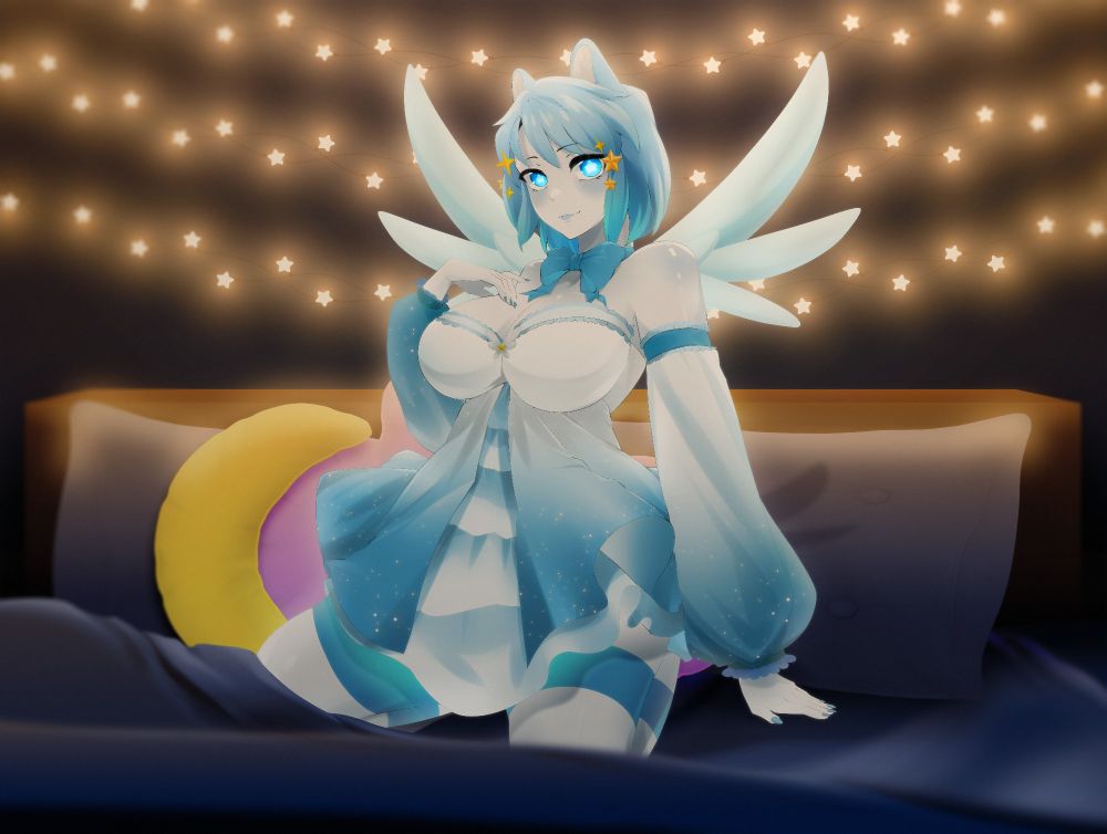 Plum is a ghost-white skinned angel with blue hair and bear ears. Her eyes are blue and her star shaped irises glow. She wears white and blue striped stockings along with a white and blue sparkling babydoll style dress that's split up the front with a white underskirt. She also wears matching puffy arm warmers.
There's a pair of angel wings coming out of her back.
Plum kneels on a dark blue bed looking flirty and cute and smiles at the viewer. There's a purple cloud pillow and yellow crescent moon pillow behind her on her regular pillows and star shaped fairy lights hanging up on the wall behind her.