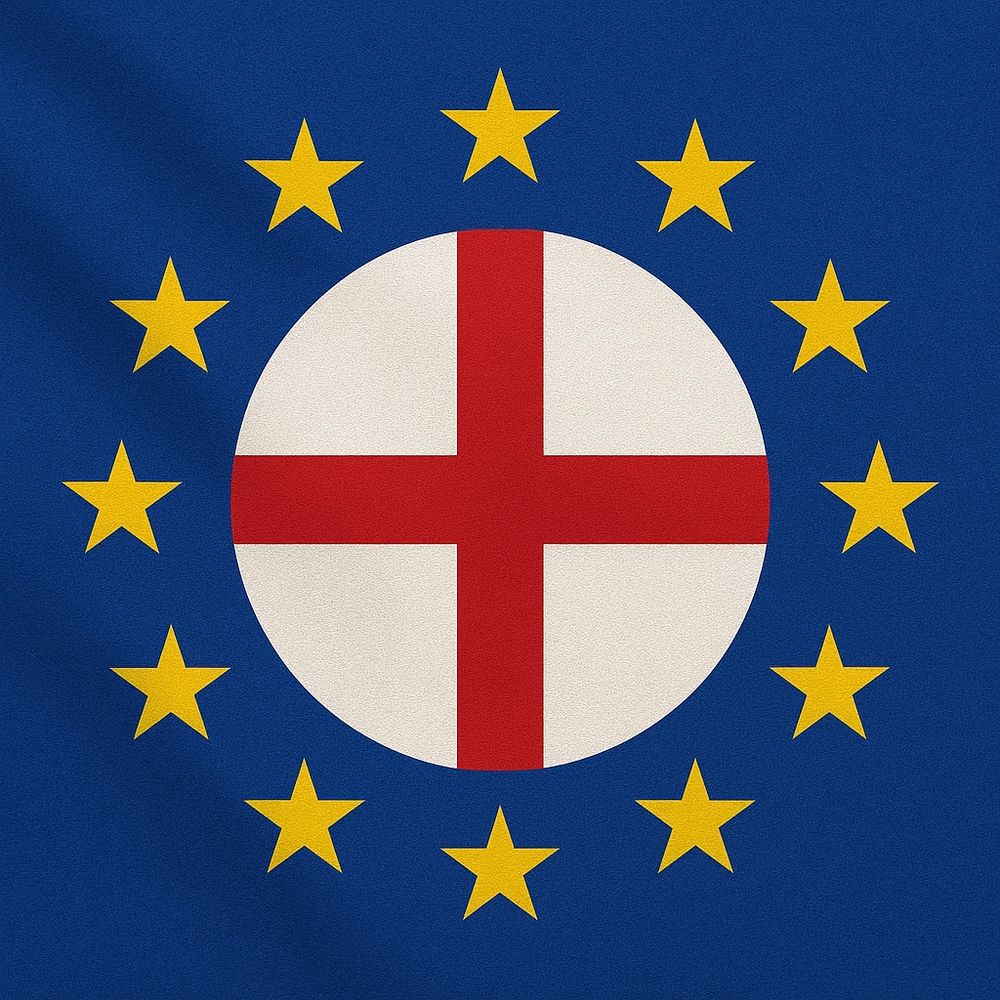 Flag showing the St George cross of England inside the flag of the European Union. #rejoin