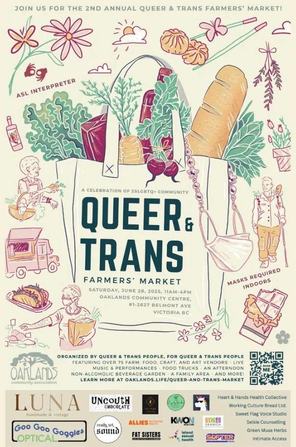 Beige poster of large tote overflowing with farmers market goods and surrounded by adorable sketches of market goers, venerable goods, flowers and sunshine! Poster includes location and time details, access info, as well as sponcers’ logos. The tile “queer and trans farmers’ market” is in large deep green text on the front of the tote. 