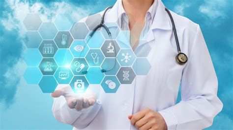Photo of a female in a white coat with a stethoscope, suggesting an MD, palm up, holding a hexagon grid of symbols of hospital services like labs, emergency medicine, genetic testing, pharmacy, administrative/scheduling, etc.