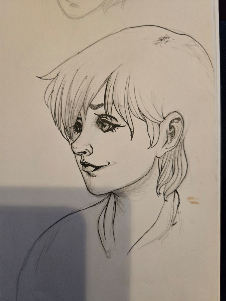 I had inked most of this some years ago, sketch would've originally been from 2017, but I'd left the eyes un-inked as I wasn't sure about them. This time as I passed by, it just felt like a shame to leave them sketched, so I did do a quick ink, of the eyes and the mouth. I believe the part I did tonight was also with a brush pen.