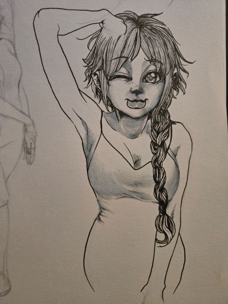 A shaded inked version of a girl with a long braid, bonking herself on the head and sticking her tongue out.