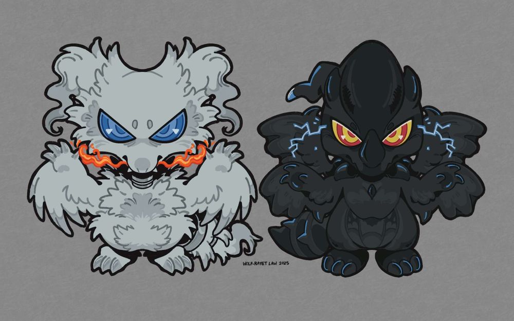 compact symmetrical chibis featuring the pokemon reshiram and zekrom. reshiram has flames coming out of its mouth, while zekrom has matching lightning between its eyes and claws. both have their arms raised in a sort of kaiju pose (idk how else to describe it). background is light grey with a bit of texturing.

#reshiram #zekrom #pokemon #pokemonartist #commsopen #commissionsopen