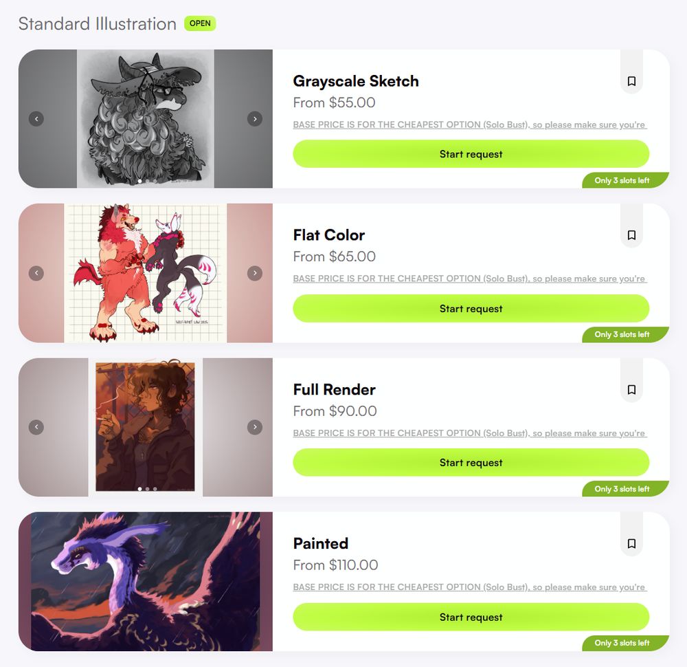 screencap from my vgen page showing four of my five available commission options on the platform (grayscale sketch, flat color, full render, and painted)