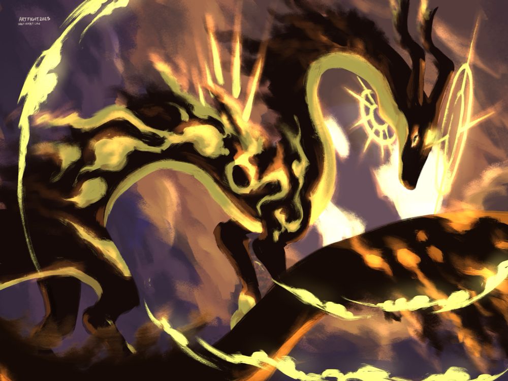 painted illustration featuring a black-and-yellow draconic creature backlit by the glowing sun among the clouds. its yellow markings also have a partial glow on them

#dragonart
