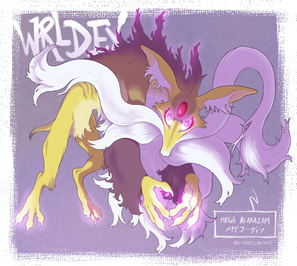 custom design for the mega evolved form of the pokemon alakazam. my abra line is mostly inspired by aardvarks (NOT ANTEATERS, my original alt txt has an error) with some superficial draconic/reptilian influences.

rather than its canonical "meditative" pose with several spoons, mega alakazam is presented in a more feral hunched posture, with a mad wide-eyed expression as it stares directly at the viewer. it has huge hands with elongated alienlike fingers that tangle within its flowing beard. the fur along its spine twists strangely due to the overwhelming psychokinetic energy being released along its spine. in its mega form, alakazam's coloration is also paler than the standard zam.

in my custom dex entry (visit my website for cool dex entries for this project!!), i talk about how the process of mega evolution causes alakazam to completely lose control of its psychic powers (opposite of its canon interpretation), so i intended to portray this "beast gone mad with 'knowledge'" element in the design rather than keeping its more "serene" old man look.

#pokemon #pokemonartist #alakazam #megaalakazam #commissionsopen #commsopen