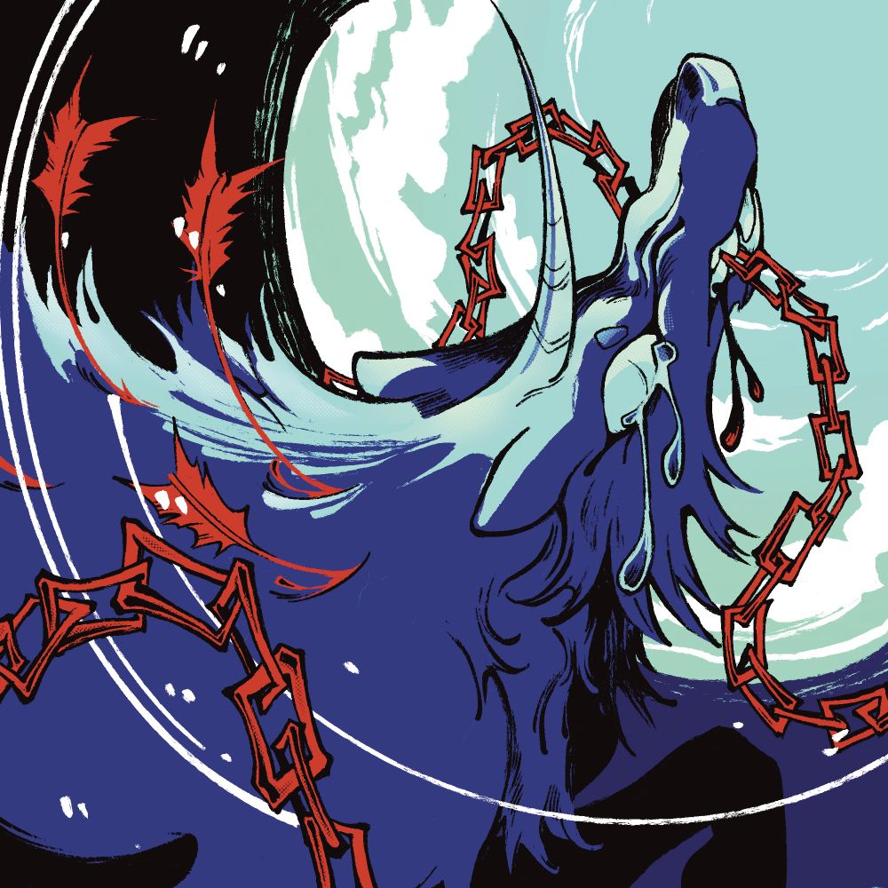 minimal palette illustration featuring a one-horned, dark-furred wolf-like creature with a red chain in its mouth. the piece is mostly blue with red highlights and a tinge of green with black linework. the creature's head is raised up as it appears to leap into a clear sky, out of darkness where several arrows are lodged in its back. tears are falling from its eye, as well as a few drops of blood from its mouth presumably from how tightly it's holding the chain in its mouth.

the caption is a selection of translated lyrics from the song "aaj" by bloodywood.

#furryart #animalart #commissionsopen