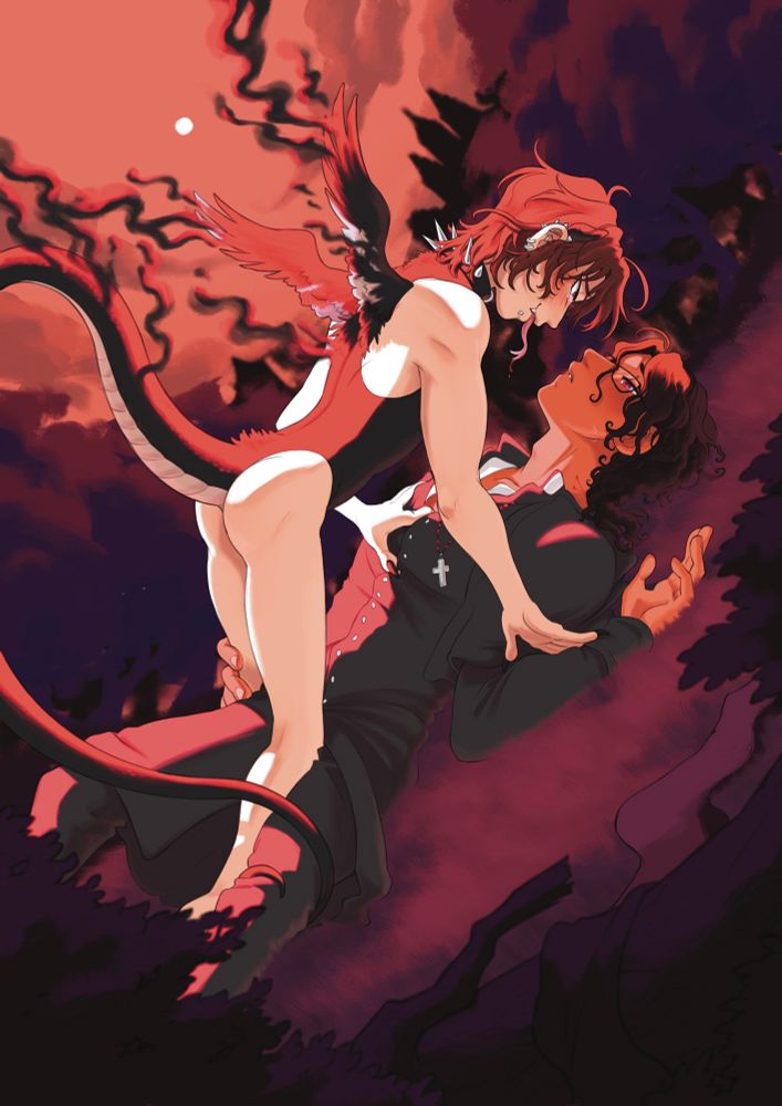 fully rendered illustration featuring AU versions of hebi and kombu (mine & centi's OCs). hebi is a snakey incubus and kombu is a priest...

the background is a mostly red, maroon and very dark purple clearing in the woods with some silhouetted buildings in the near distance.

hebi has kombu pinned to the ground. kombu has two bleeding punctures in his neck from where hebi bit him and likely envenomed him. hebi has some "smoke" trails coming off of his wings, back, and tail to indicate that he swapped into this form very recently. he looks at kombu fondly, and kombu looks at him with a mix of fear and attraction (and delirium from the venom, which isn't very harmful but does other things...lol)

#ocsky #ocart #YAOI