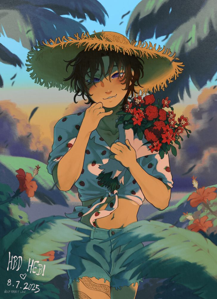 fully rendered hip-up portrait-style illustration of my OC, hebi. he is a snaggletoothed effeminate/GNC man with light skin, dark brown hair, purple eyes, a scar on his left side and a sea snake tattoo on his right leg.

he is framed by various tropical plants with the windy beach at sunset in the background. some red hibiscus flowers are seen in the bushes. he's wearing a huge frayed straw hat, a whitish tie-front-style shirt with little strawberries on it, and worn jean shorts. hebi looks at the viewer with a fond smile, holding a hand to his chin.

he's holding a bouquet of flowers featuring carnatians, orchids and rhododendrons; all red. who gave him this bouquet...? I DID!!! 💢 

#ocsky #ocartist