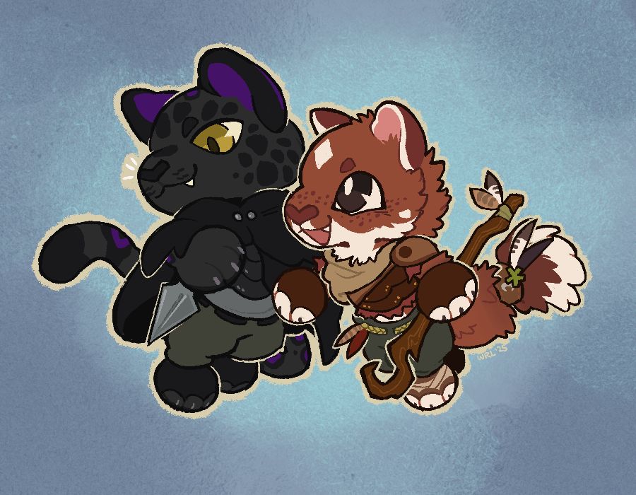 compact chibi illustration of two anthro characters (a black jaguar and a stoat) on a blue background. they are wearing basic D&d-esque gear, the jaguar being a rogue and the stoat being a druid.

#commsopen #commissionsopen #vgenopen #furbuy