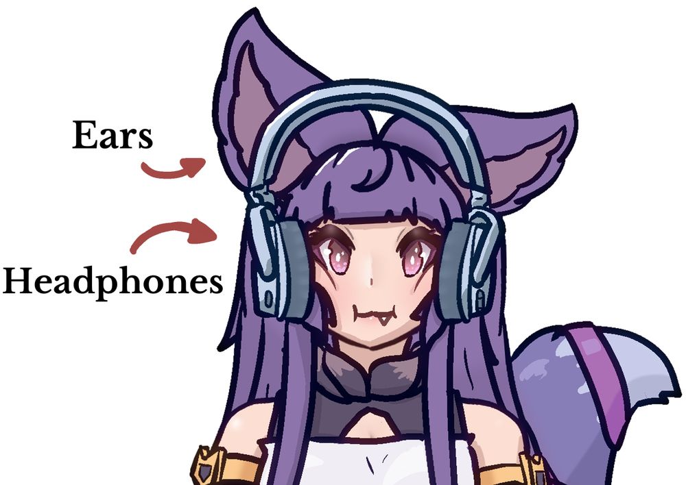 Yuel from Granblue Fantasy with headphones on her head with arrows pointing at her ears and headphones to highlight that she is wearing the headphones wrong