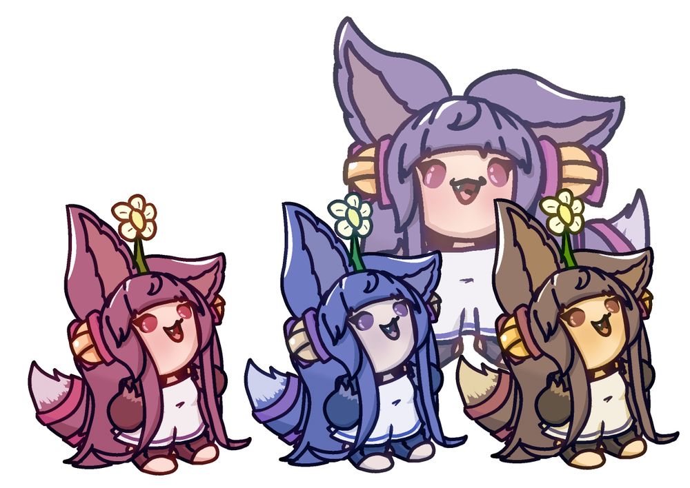 A small depiction of Yuel from Granblue Fantasy with three small copies with a flower on their head of three different colors being red, blue and yellow