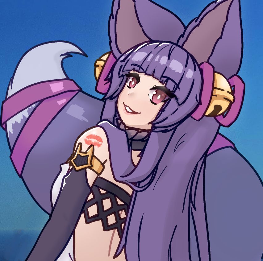 Yuel from Granblue Fantasy with a lipstick kiss mark on her shoulder replicating the cover art of Short n' Sweet by Sabrina Carpenter