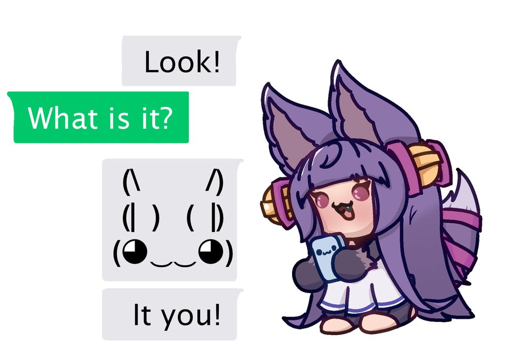 A small depiction of Yuel from Granblue Fantasy with a message saying "Look!" with the other person responding "What is it?" and the following message having a kaomoji with big ears and last message saying "It you!"