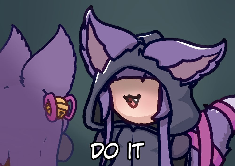 Yuel from Granblue Fantasy in a dark robe saying "Do it" to another Yuel