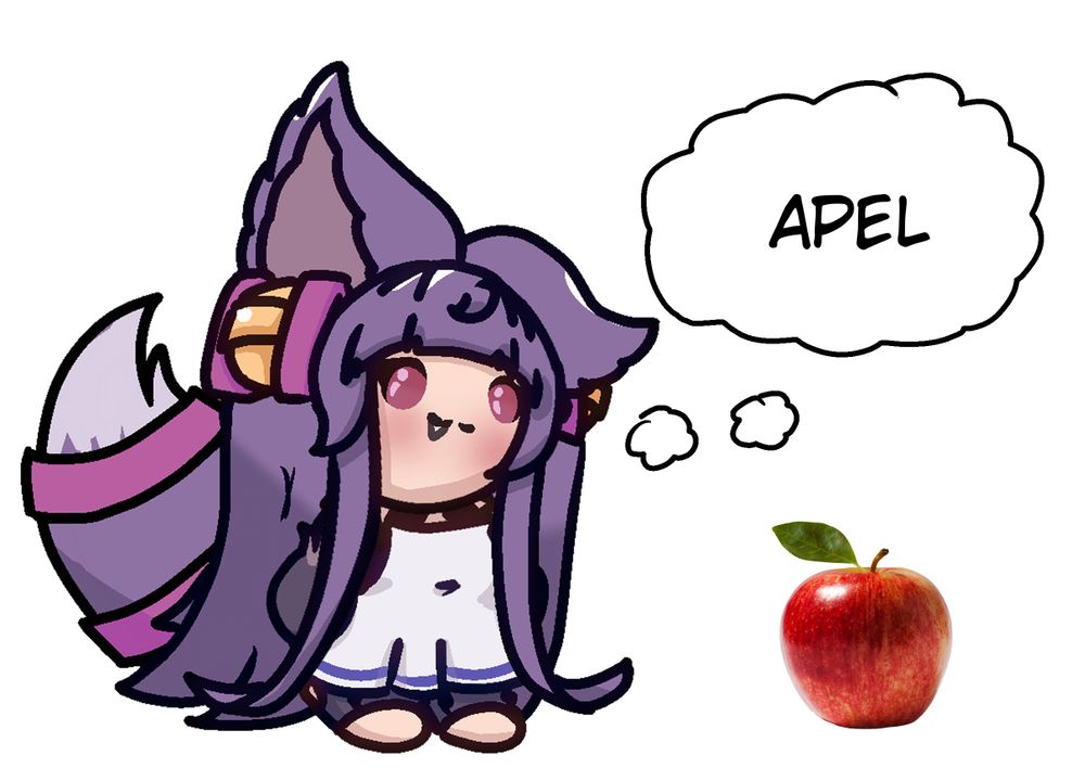 A small depiction of Yuel from Granblue Fantasy looking at an apple and thinking "apel"