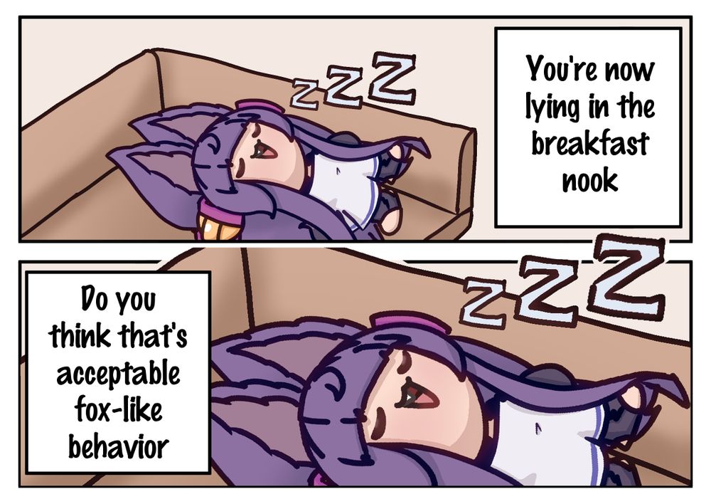 A small depiction of Yuel from Granblue Fantasy resting in a breakfast nook with the caption "You're now lying in the breakfast nook" and the second panel zooms more with the caption "Do you think that's acceptable fox-like behavior"