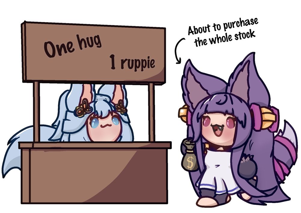 Societte from Granblue Fantasy in a stand that has a sign that reads "One hug 1 ruppie" with Yuel approaching with a money bag with an arrow pointing at her that reads "About to purchase the whole stock"
