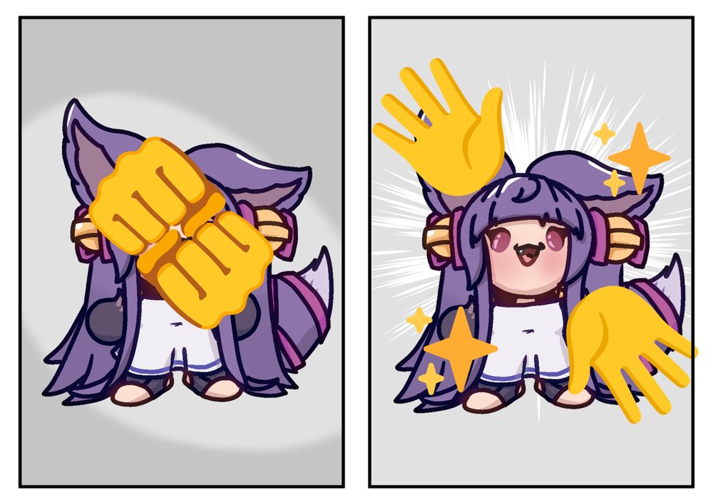 A two panel comic featuring Yuel from Granblue Fantasy with two fist covering her face and the second panel reveals it