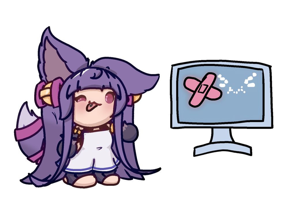 Yuel from Granblue Fantasy with her tongue out and some bandaids being put on top of a PC monitor screen