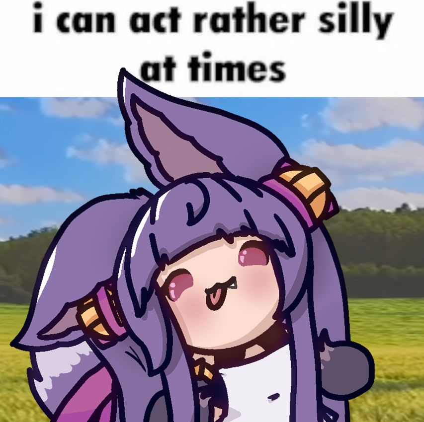 Yuel from Granblue Fantasy looking to the side with her tongue out with the caption "i can act rather silly at times"