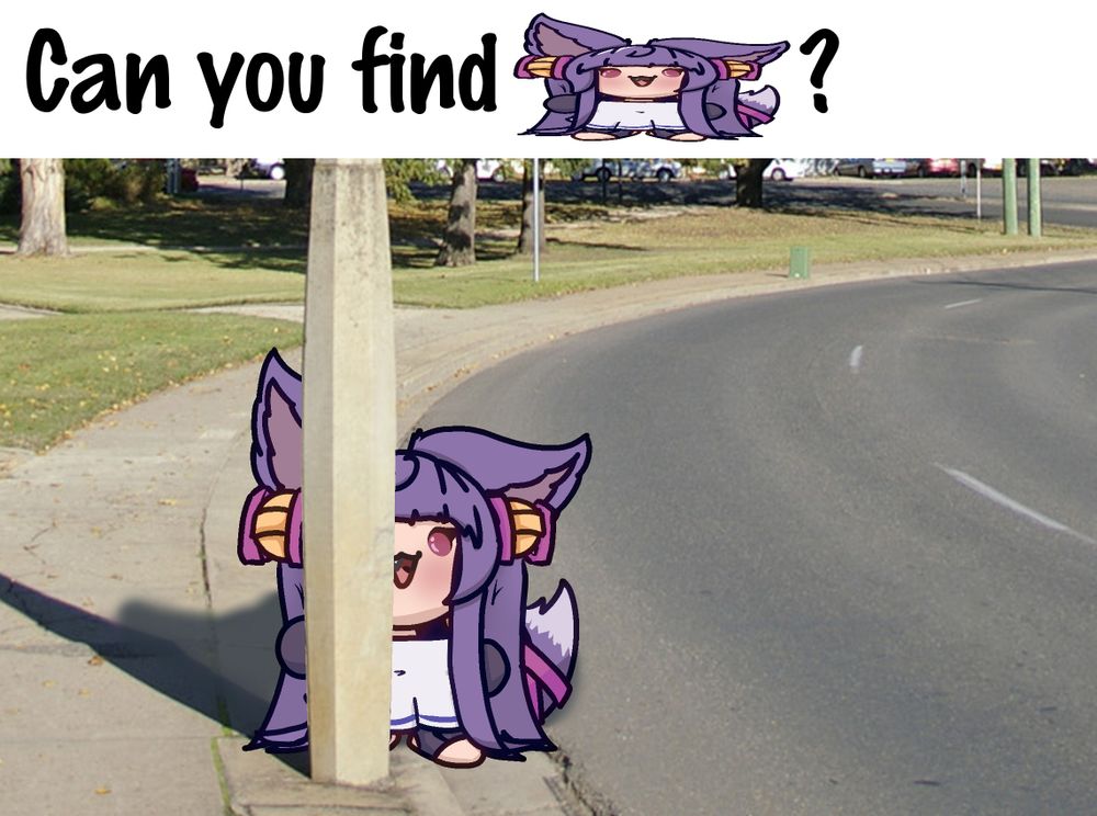 A caption that says "Can you find" and then an image of Yuel, and then there is an image with Yuel hidden behind a post