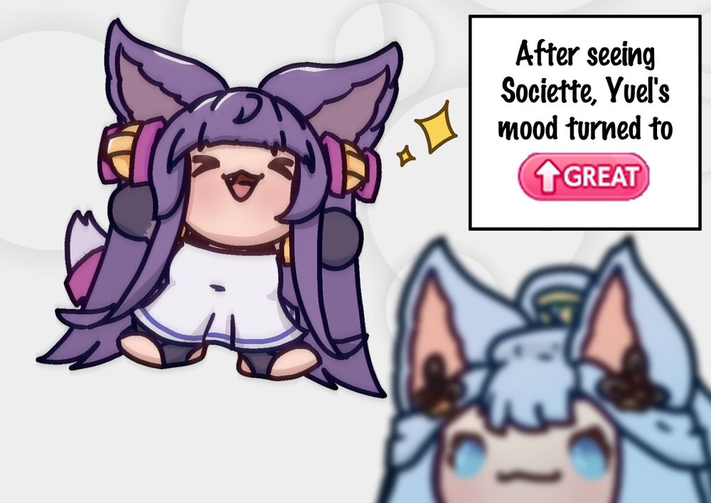 A small depiction of Yuel from Granblue Fantasy jumping from joy after seeing Societte with the caption "After seeing Societte, Yuel's mood turned to great!"