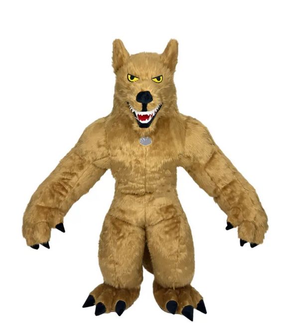 Full werewolf costume, inflatable. It looks like a jaundiced bag with terrible cartoon eye stickers. It looks rather short and stout. The colour is like a goth golden retriever.