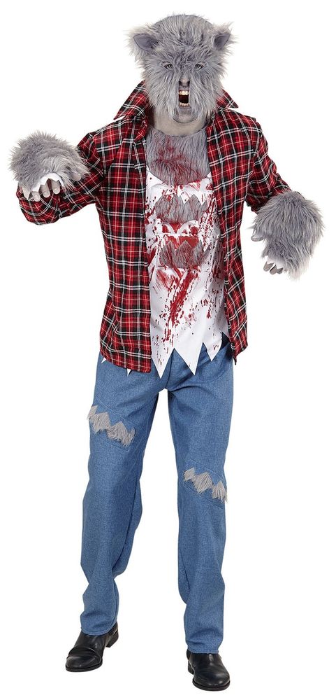 Werewolf costume. On top is... I guess like a furry bag? with a hole for the mouth. Also, cute bear ears. He's wearing a flannel shirt, with a "furry chest" looking fabric sown in between. A bunch of red paint to indicate blood. Fluffy paws as well. This werewolf is wearing distressed jeans, all the rage with the folks who rip people apart every month