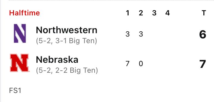 halftime scoreboard showing Nebraska leading Northwestern 7-6