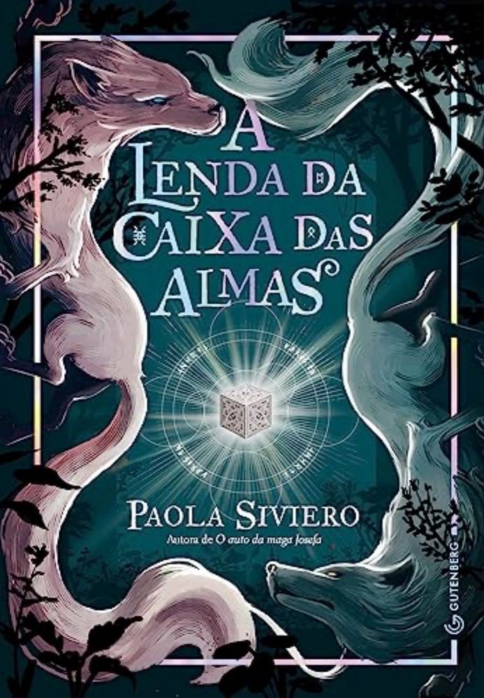 Capa do livro A lenda da caixa das almas, de Paola Siviero. Há dois lobos formando uma espécie de moldura, um claro e um escuro. No centro, uma caixa metálica.