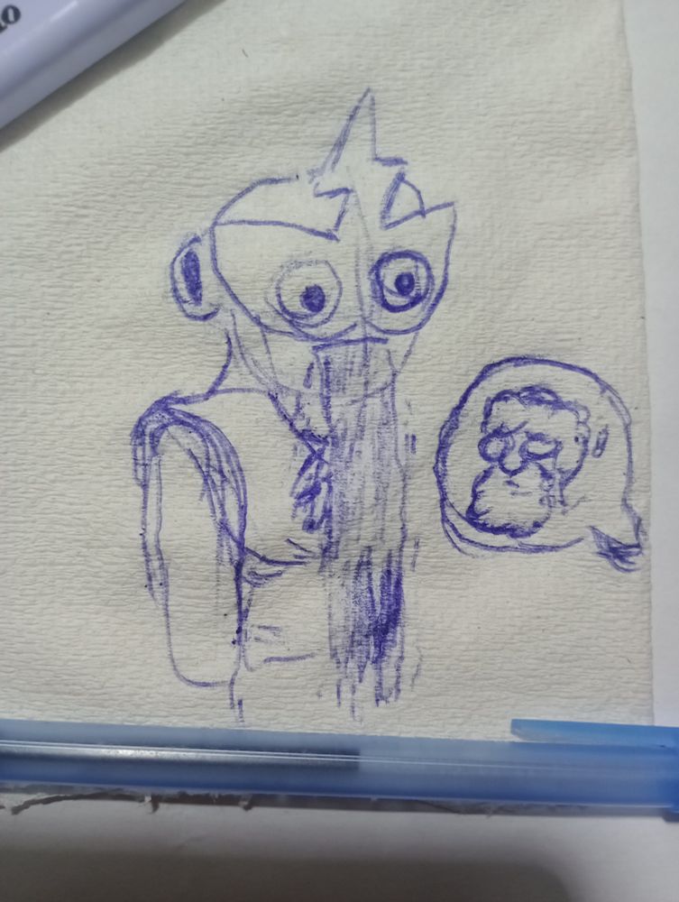 A doodle on a napkin (literally) of Elec Man vomiting water with an awkward, comical blank stare.
There's a bubble on the right of Dr. Light being amazed by this.