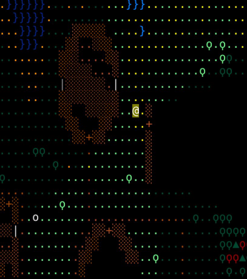 And map of a town in a game drawn in ASCII characters. The player character is standing near the door of the town smithy.