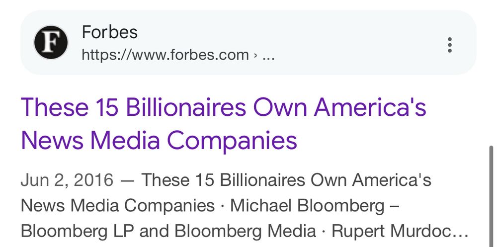Headline about 15 billionaires owning America’s news media companies. 