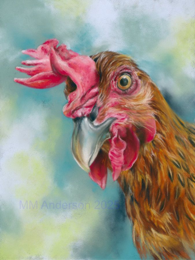 Soft pastel chicken portrait of a bird with reddish feathers, a prominent red comb and wattles, large grayish beak and gold eye. It is posed with head cocked to the viewer's left on a blue and green mottled backdrop.