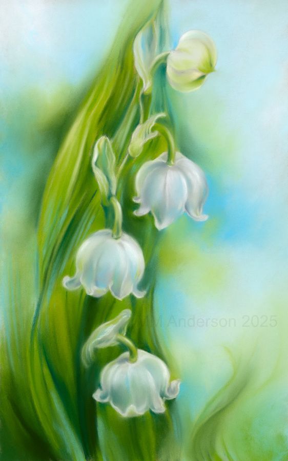 Soft pastel vertical artwork depicting a stem with four white, bell-shaped flowers from top to bottom, a green leaf in the background on a light blue and green backdrop.