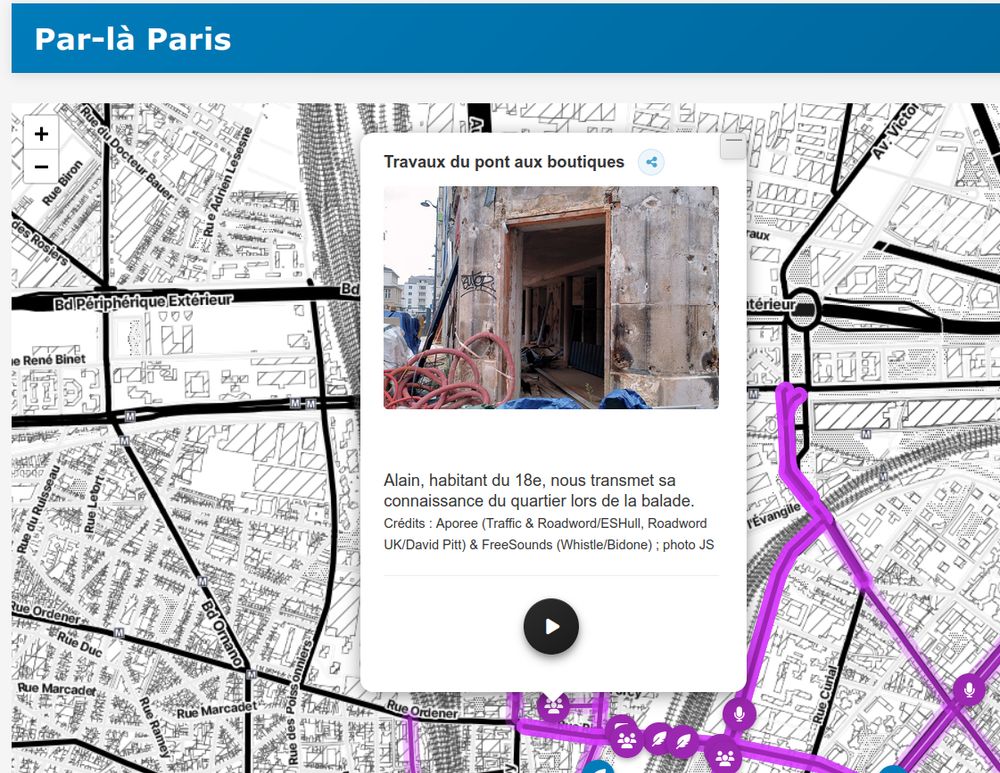 par-dessus la carte s'est ouvert une bulle localisée intitulée Travaux du pont aux boutiques, avec photo et présentation et bouton pour jouer le son
