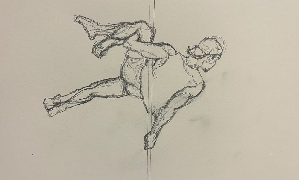 Line art sketch drawing of man pole dancing 