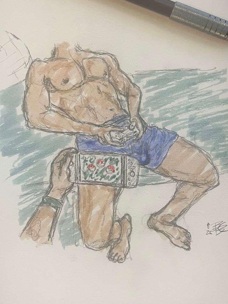 Graphite and marker sketch of shirtless man playing videogames with obvious bulge in shorts and a Nintendo switch displaying pokeballs 