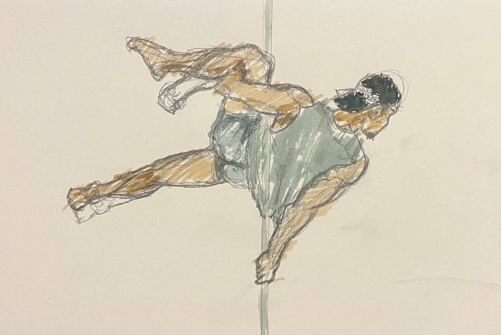 Marker colored sketch of man pole dancing 