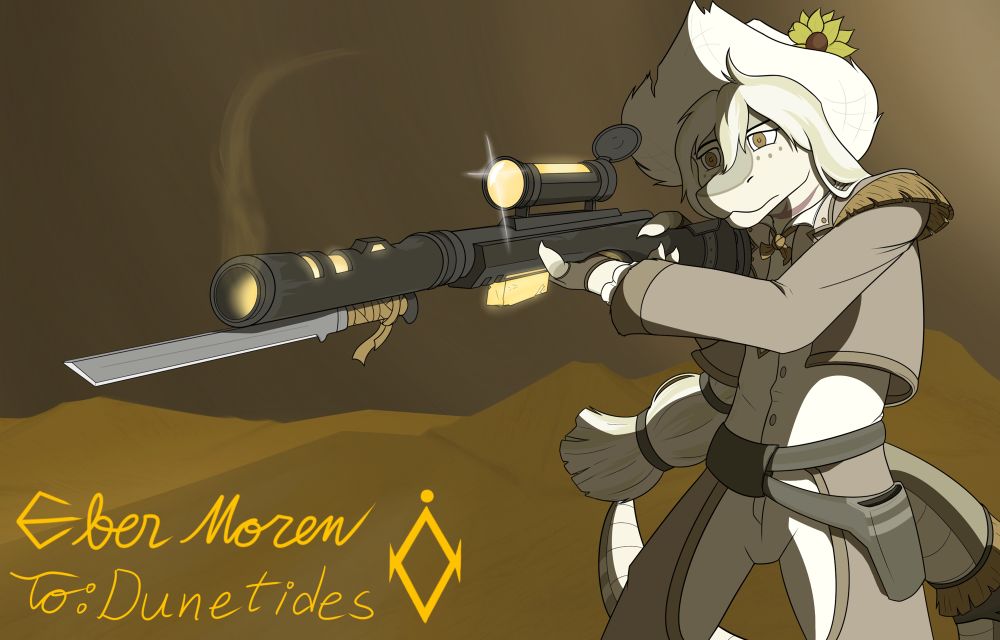 A snake in a cowboy/cowgirl getup named Jules, aiming down the sight of a sniper rifle with a mounted knife on the front of the barrel. The rifle is powered by a gemstone of some kind.
Her body is half covered in shadow, and the barrel is smoking from a recently-fired shot.