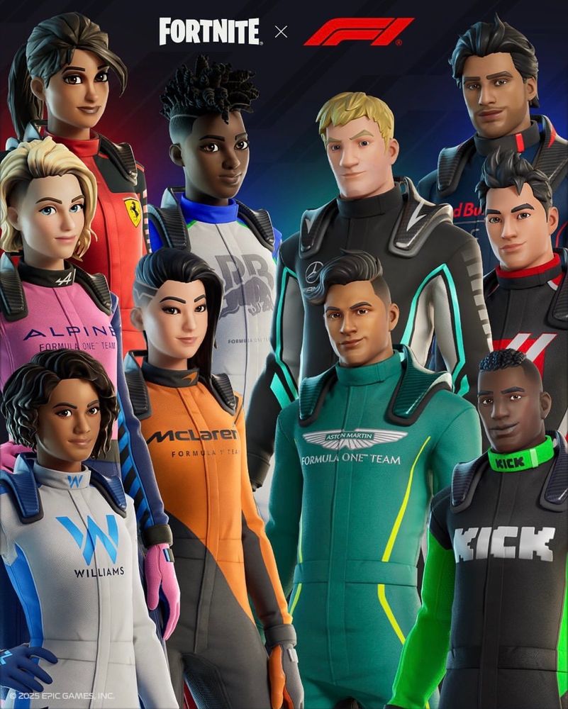 A group of attractive avatars dressed in race suits for various F1 teams. I don't know anything about Fortnite, are these actual characters? There's a black guy, a black woman, a guy with blond hair, a woman with blonde hair and several folks with darker complexions. 