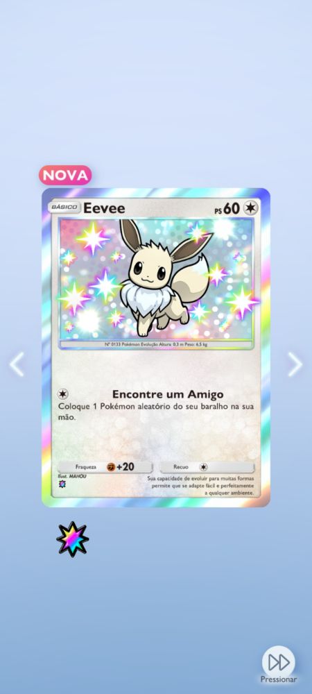print da tela de abrir pacotinho do jogo Pokémon TCG Pocket, com uma carta de Eevee Shiny