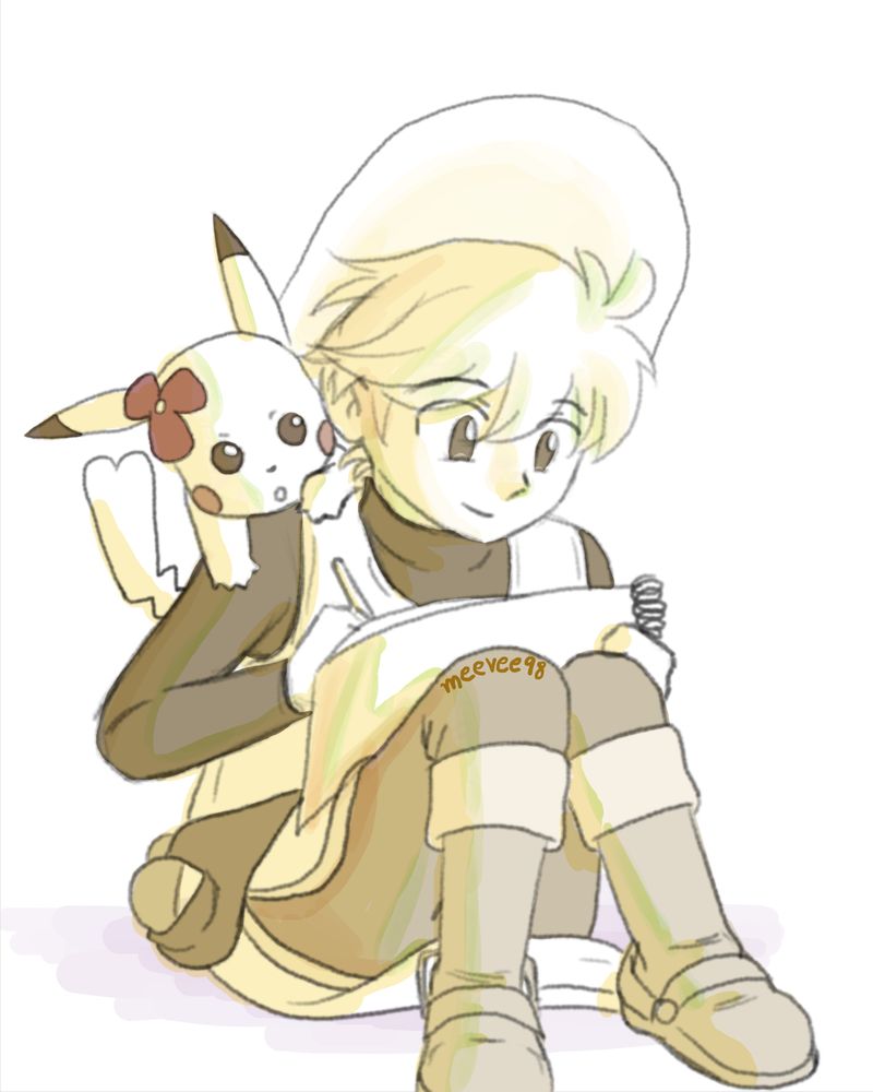 An illustration of Yellow, a character from Pokémon Adventures manga, with her Pikachu by her shoulder. The illustration is painted in monochromatic yellow tones with slight shades of green, orange and red.
She's a petit blond-haired girl and wears big straw hat, a long sleeved black shirt under a yellow tunic dress that is edged with green, blue tights and purple ankle boots. The Pikachu has a red flower by her ear. Yellow is drawing in a sketch book while her Pikachu is looking curious at it.